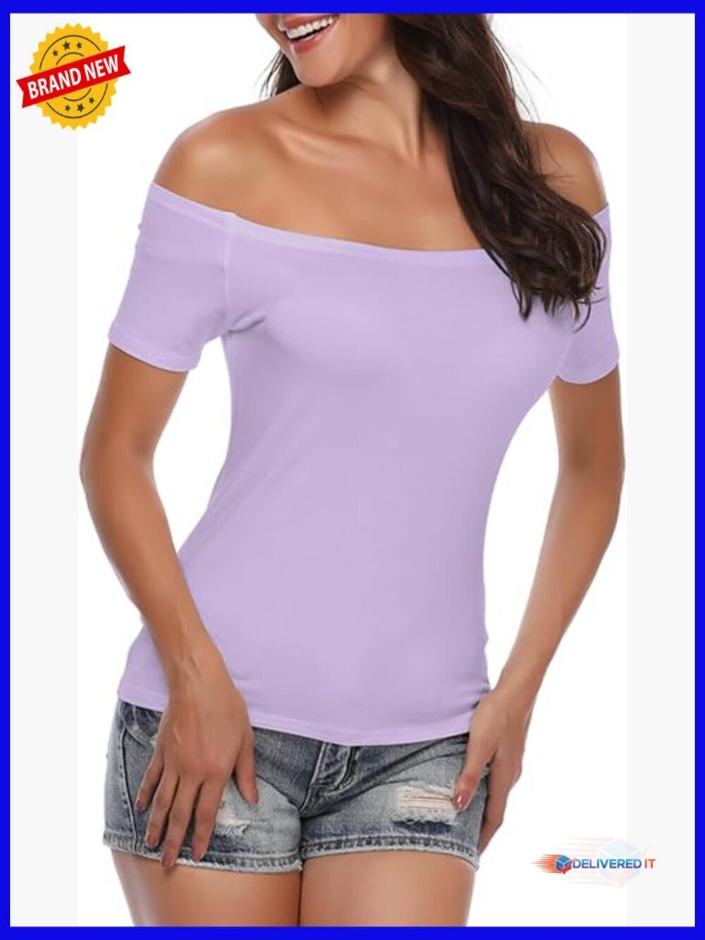 Off Shoulder Slim Fit Tee, Rayon Spandex, Short Sleeve Casual Top